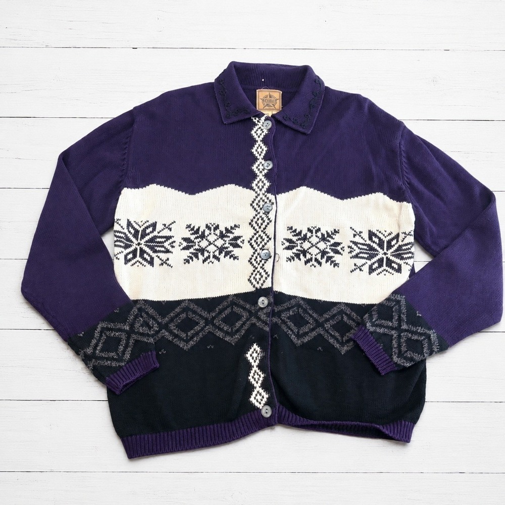 Vintage CMI Cardigan Sweater Snowflake Geometric Nordic Cottagecore Purple Med